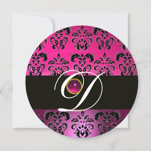 Invitation ROSE PURPLE BLACK DAMASK MONOGRAM Amethyst Fuchsia (Devant)