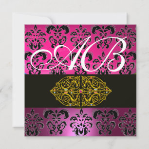 Invitation ROSE PURPLE BLACK DAMASK MONOGRAM, blanc