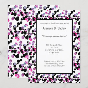 INVITATION ROSE PURPLE BLACK LEOPARD SPOT MOTIF ANNIVERSAIRE
