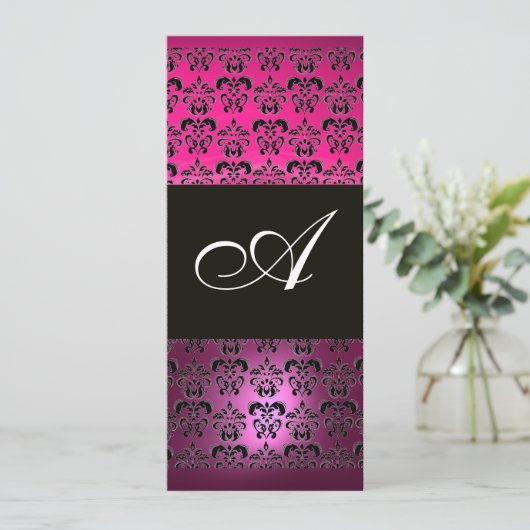 Invitation ROSE PURPLE NOIR DAMASK MONOGRAM, blanc fuchsia (Debout devant)