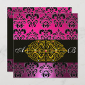 Invitation ROSE PURPLE NOIR DAMASK MONOGRAM, fuchsia, or (Devant / Derrière)