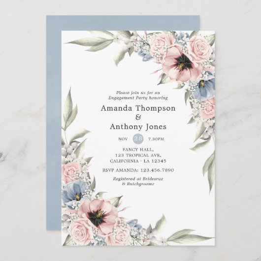 Invitation Rose Quartz et Serenity Floral Engagement Party (Devant / Derrière)