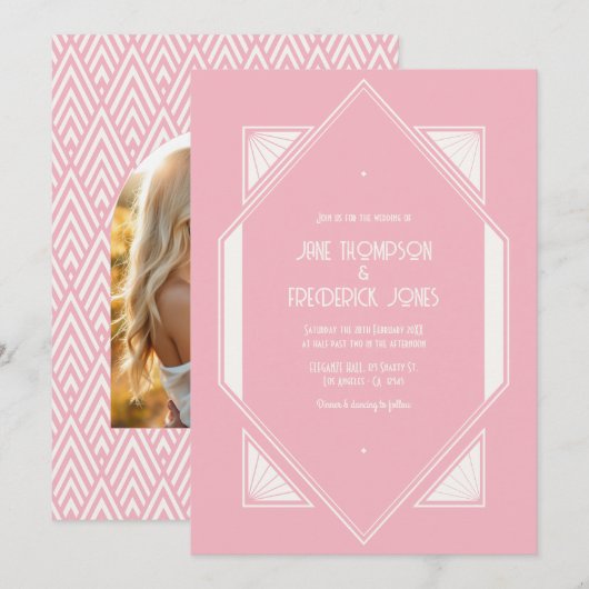Invitation Rose Quartz & Soft Ivory Art Deco Wedding Photo (Devant / Derrière)