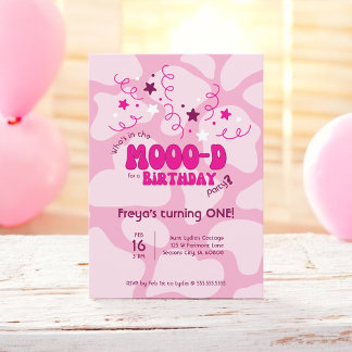 Invitation Rose Qui est de bonne humeur Vache imprimée 1er An