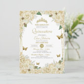 Invitation Rose Quinceanera à la crème à papillon Floral d'or (Debout devant)