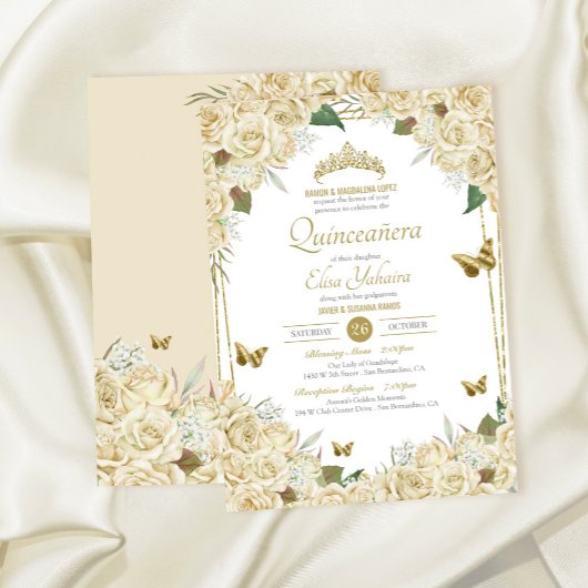 Invitation Rose Quinceanera à la crème à papillon Floral d'or