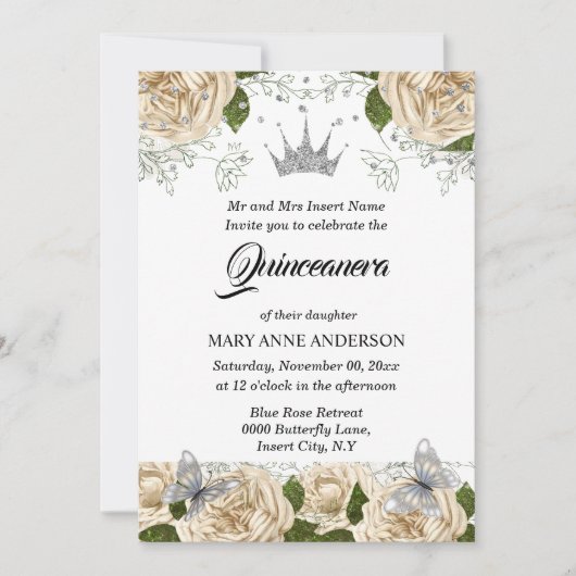 Invitation Rose quinceanera beige argent tiara papillon (Devant)