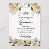 Invitation Rose quinceanera beige argent tiara papillon (Devant / Derrière)