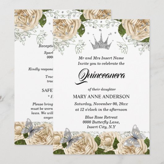 Invitation Rose quinceanera beige argent tiara papillon (Devant / Derrière)