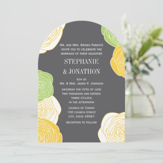 Invitation Rose Ranunculus Vert Jaune Grey Die Coupe Mariage (Debout devant)