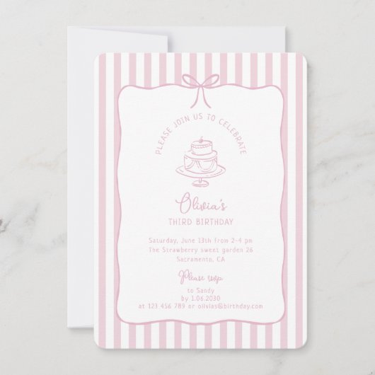 Invitation Rose rayé, Bow lunaire, anniversaire (Devant)