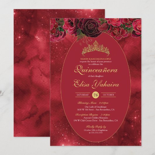Invitation Rose Red Gold Luxury Butterfly Quinceanera (Devant / Derrière)
