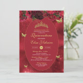 Invitation Rose Red Gold Luxury Butterfly Quinceanera (Debout devant)