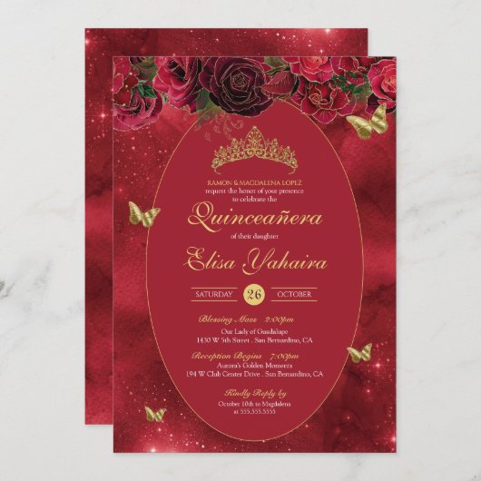 Invitation Rose Red Gold Luxury Butterfly Quinceanera (Devant / Derrière)