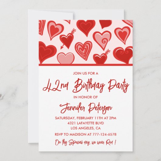 Invitation Rose Red Hearts Motif Simple 42e anniversaire (Devant)