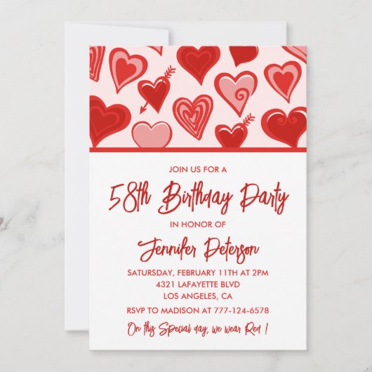 Invitation Rose Red Hearts Motif Simple 58e anniversaire (Devant)