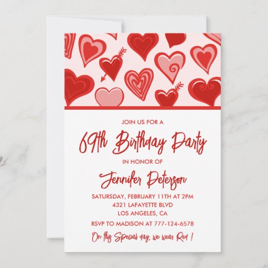 Invitation Rose Red Hearts Motif Simple 69e anniversaire (Devant)