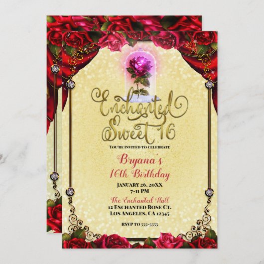 Invitation Rose Reds Jaune & Or Sweet 16 16ème Partie (Devant / Derrière)