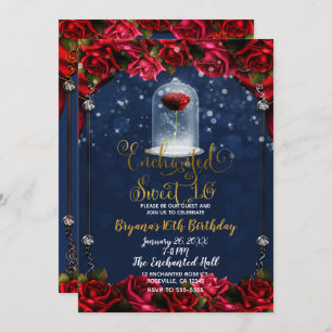 Invitation Rose Reds Marine Blue & Gold Sweet 16 Party
