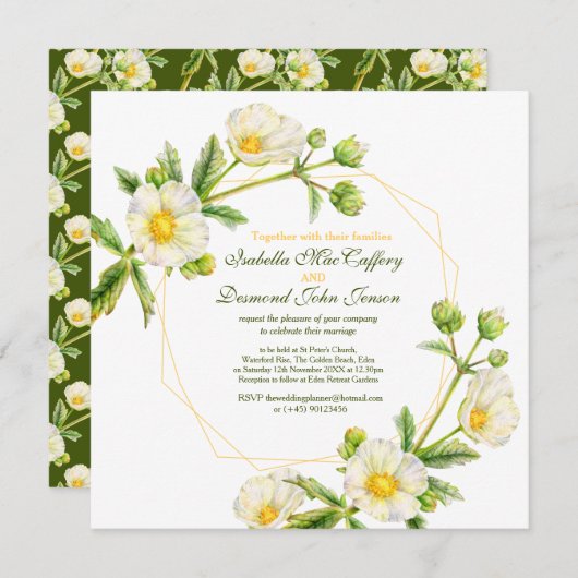 Invitation Rose rocher aquarelle blanc vert carré mariage (Devant / Derrière)