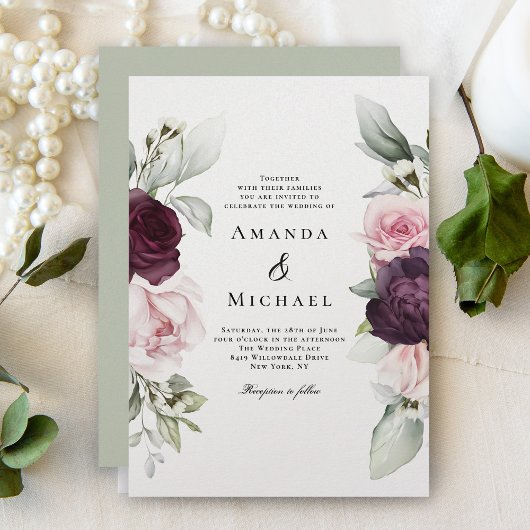 Invitation Rose romantique Aquarelle Mariage botanique