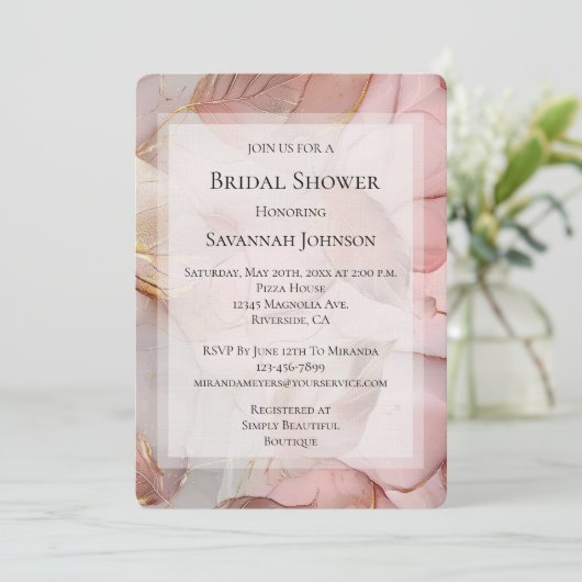 Invitation Rose romantique Blush Pink Gold Leaf Fête des mari (Debout devant)