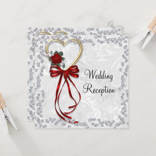 Invitation Rose romantique, Diamants et Mariage de ruban roug (Devant/Arrière en situation)