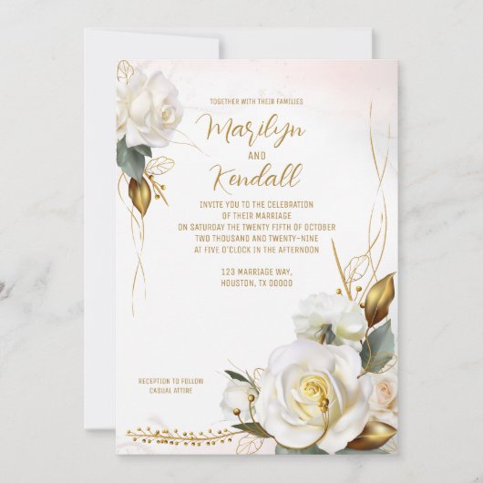 Invitation Rose romantique Gold Floral Mariage (Devant)