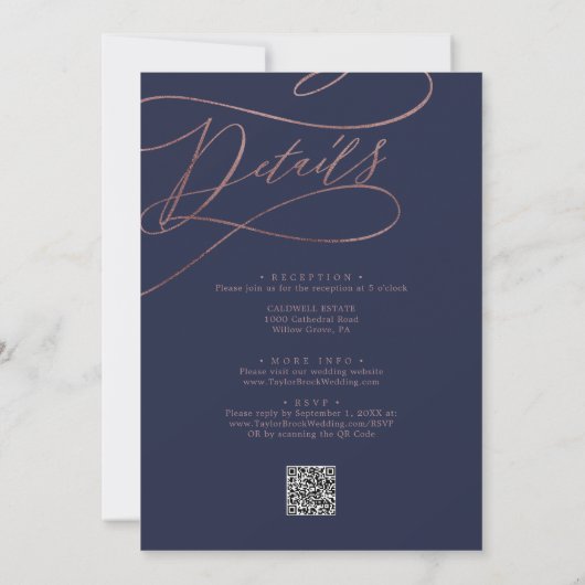 Invitation Rose romantique Gold Navy tout en un QR Code Maria (Dos)