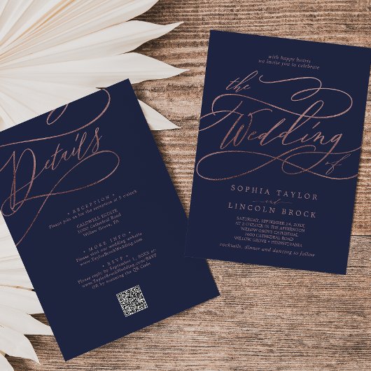 Invitation Rose romantique Gold Navy tout en un QR Code Maria