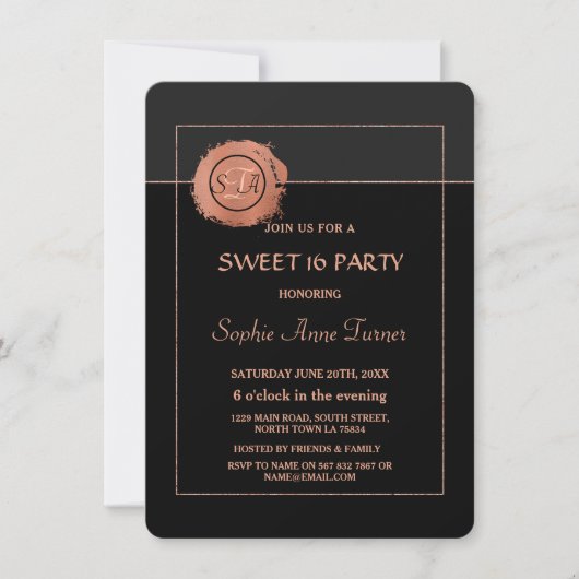 Invitation Rose romantique Parties scintillant or Monogramme (Devant)