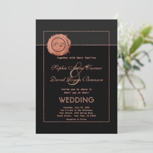 Invitation Rose romantique Parties scintillant or Monogramme  (Debout devant)