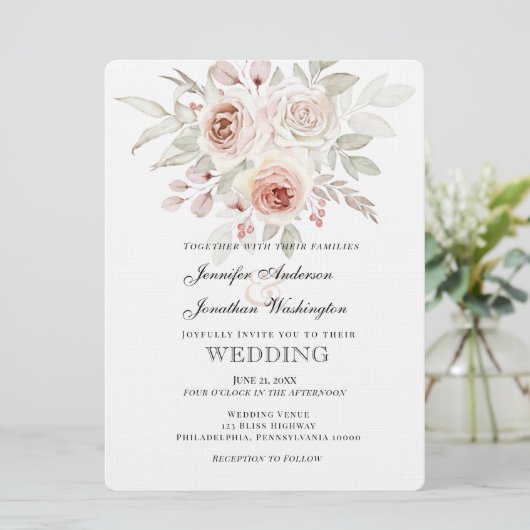 Invitation Rose romantique rose doux sur Mariage blanc (Debout devant)