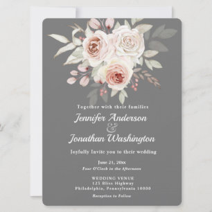 Invitation Rose romantique rose doux sur Mariage gris