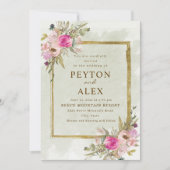 Invitation Rose Romantique Violet Sage Vert Feuilles Or (Devant)