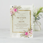 Invitation Rose Romantique Violet Sage Vert Feuilles Or (Debout devant)