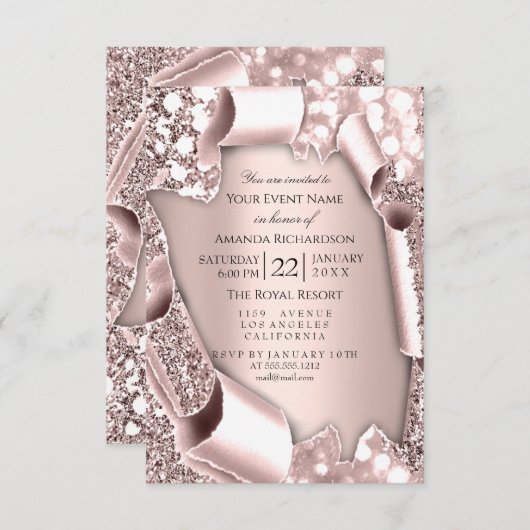 Invitation Rose rose 3D effet paillettes Cadre Initiales (Devant / Derrière)