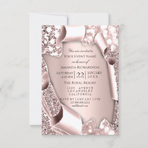 Invitation Rose rose 3D effet paillettes Cadre Initiales