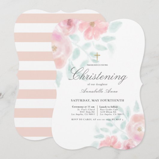 Invitation Rose rose Airle Floral Girl Christening (Devant / Derrière)