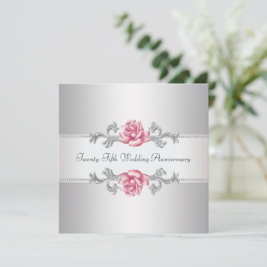 Invitation Rose rose argent 25e anniversaire Mariage (Debout devant)