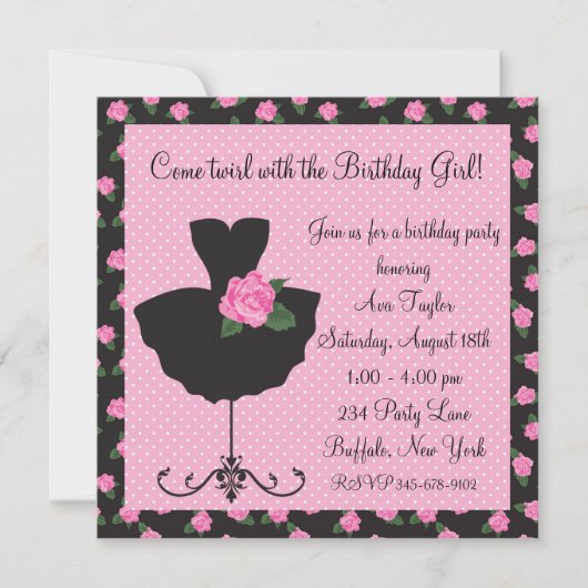 Invitation Rose rose Ballerina fête d'anniversaire (Devant)