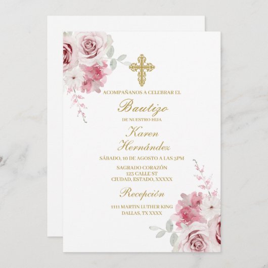 Invitation Rose rose Baptême espagnol (Devant / Derrière)