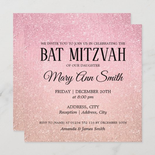 Invitation Rose rose Bat mitzvah Faux Parties scintillant Pei (Devant / Derrière)