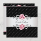 Invitation Rose Rose Black Sweet16 Anniversaire (Devant / Derrière)