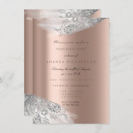 Invitation Rose rose blanc 16e mariage gris argenté (Devant / Derrière)