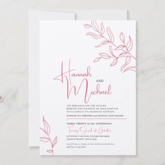 Invitation Rose rose blanc branche feuille croquis mariage (Devant)