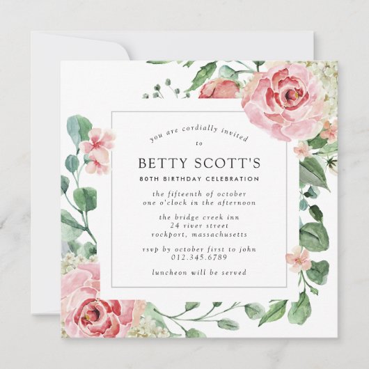 Invitation Rose Rose Blanc Hydrangea fête de 80e anniversaire (Devant)