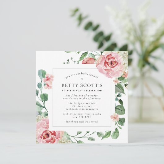 Invitation Rose Rose Blanc Hydrangea fête de 80e anniversaire (Debout devant)