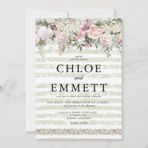 Invitation Rose Rose Blanc Hydrangea Vert Mariage rayé