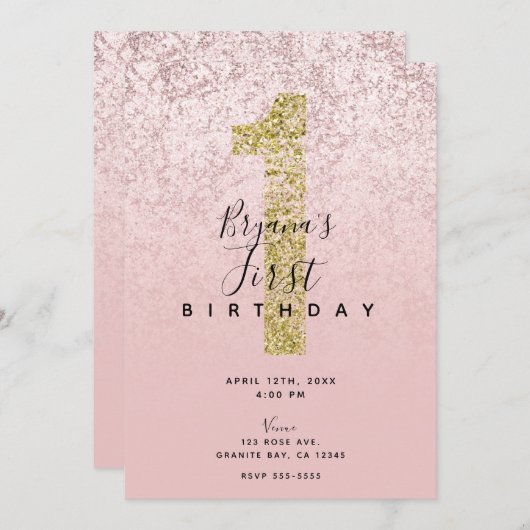 Invitation Rose rose blanc Or 1 Parties scintillant en marbre (Devant / Derrière)